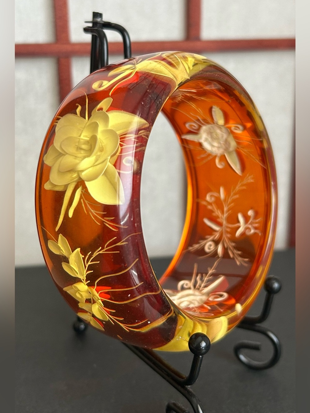 NEW, VINTAGE REVERSED CARVED HONEY LUCITE FLOWER BANGLE BRACELET WIDE STUNNING!